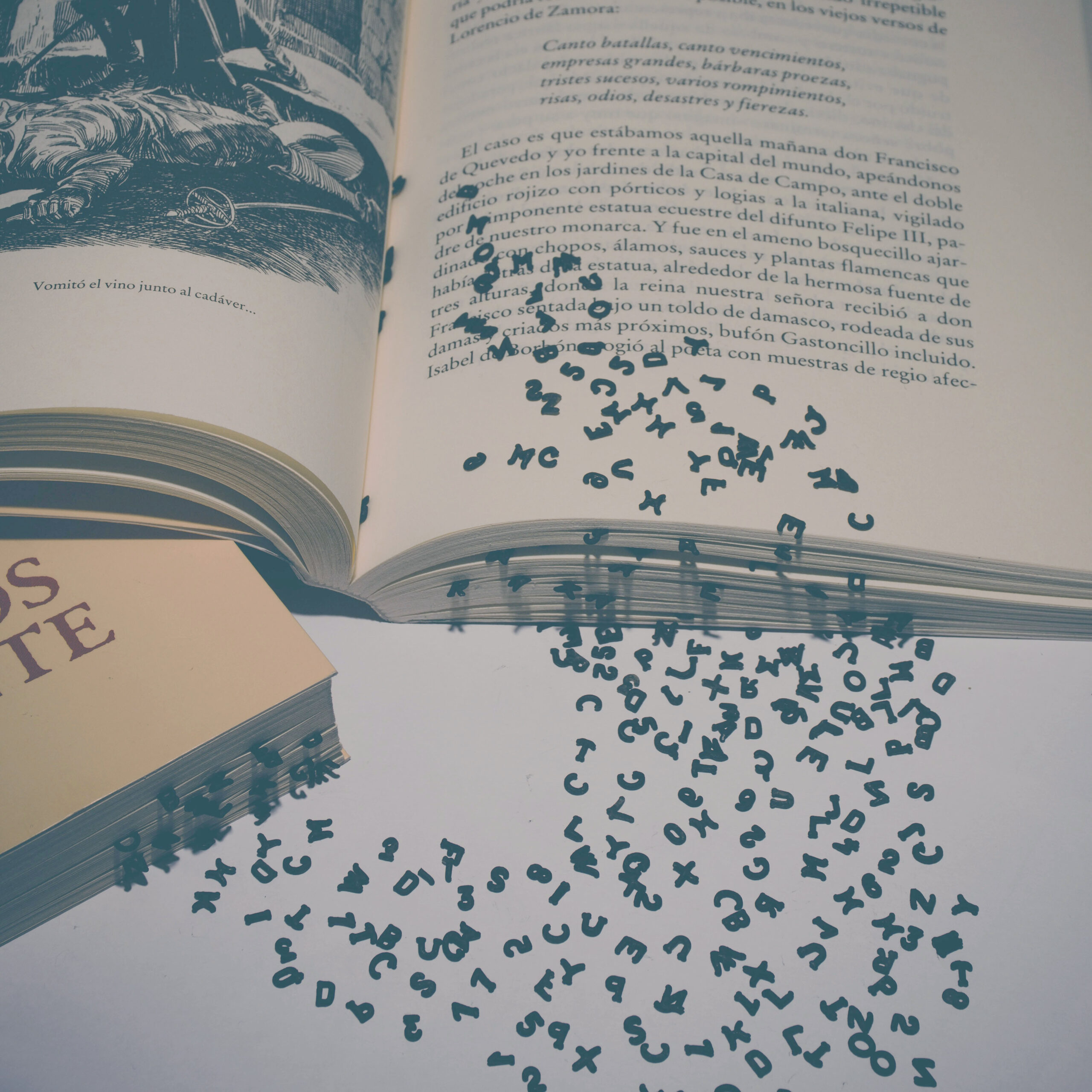 grafika przedstawia literki wysypujące się z otwartej książki