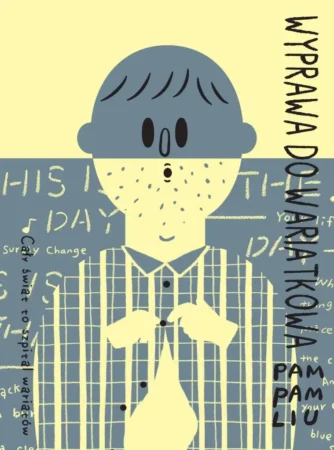 Okładka komiksu Pam Pam Liu „Wyprawa do wariatkowa”. Uproszczona postać z krótkimi szarymi włosami i piegami, ubrana w koszulę w kratę, trzyma biały worek. W tle widoczne są odręczne napisy i rysunki. Tytuł zapisano pionowo po prawej stronie okładki.